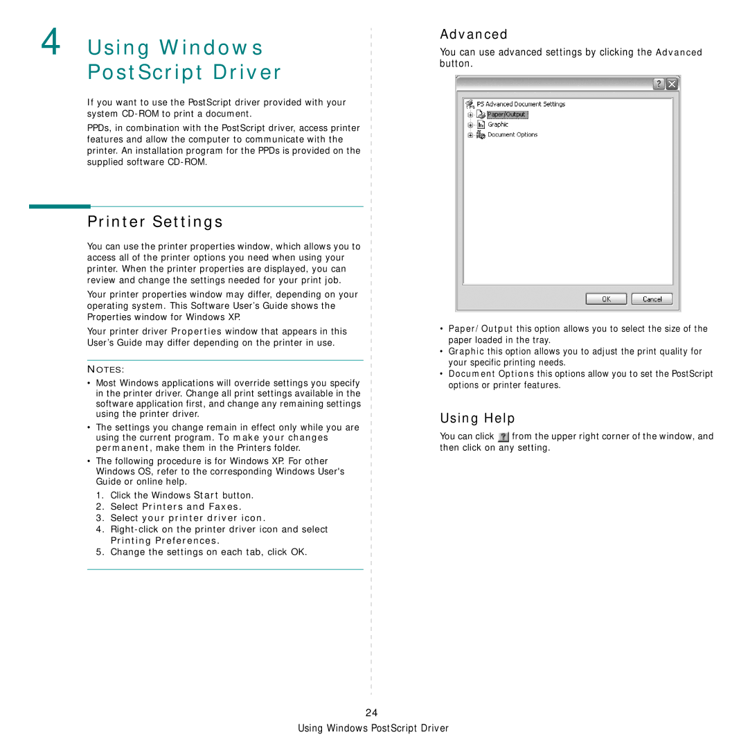 Samsung CLP-660 Series, CLP-610 Series manual Using Windows PostScript Driver, Advanced 