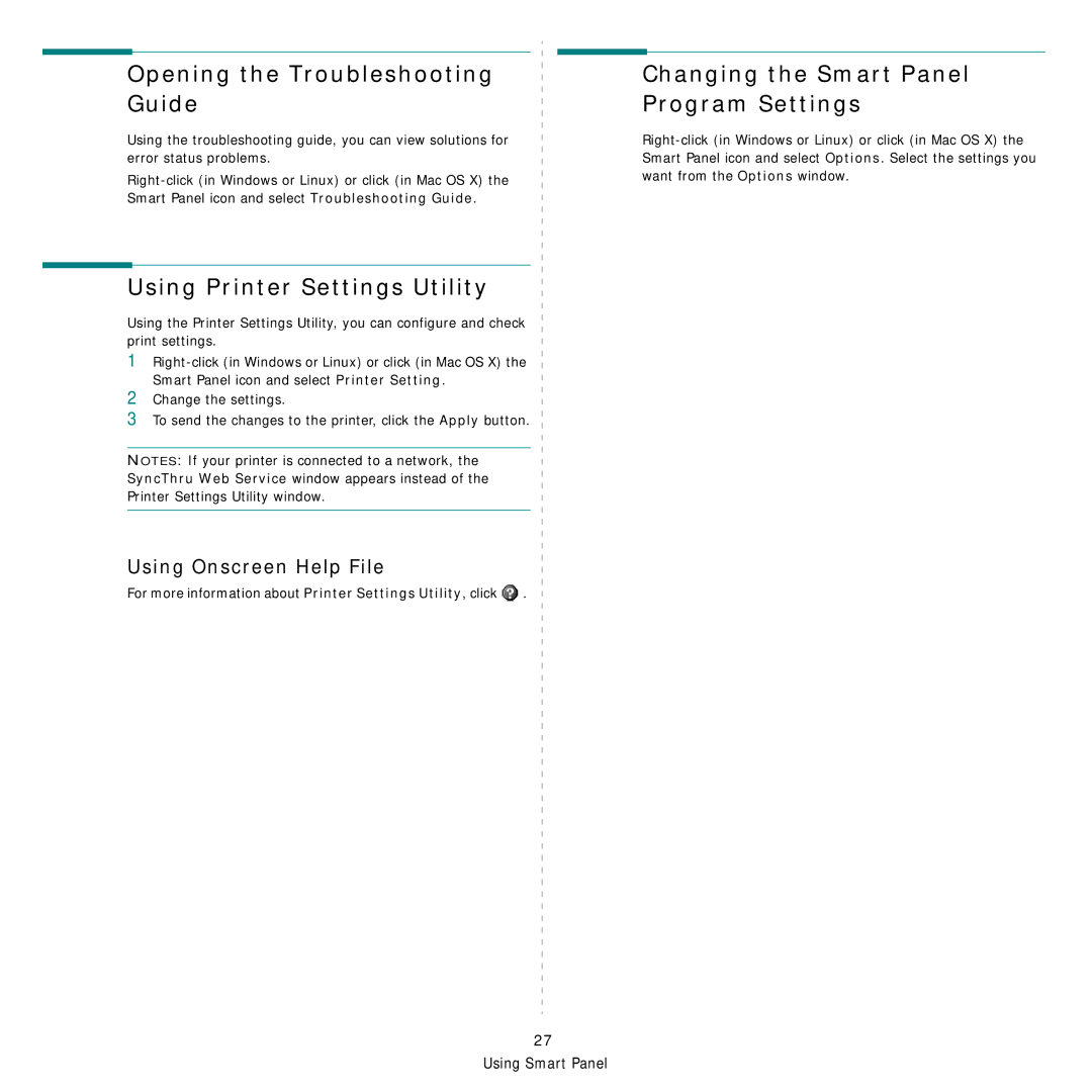 Samsung CLP-610 Series, CLP-660 Series manual Opening the Troubleshooting Guide, Changing the Smart Panel Program Settings 