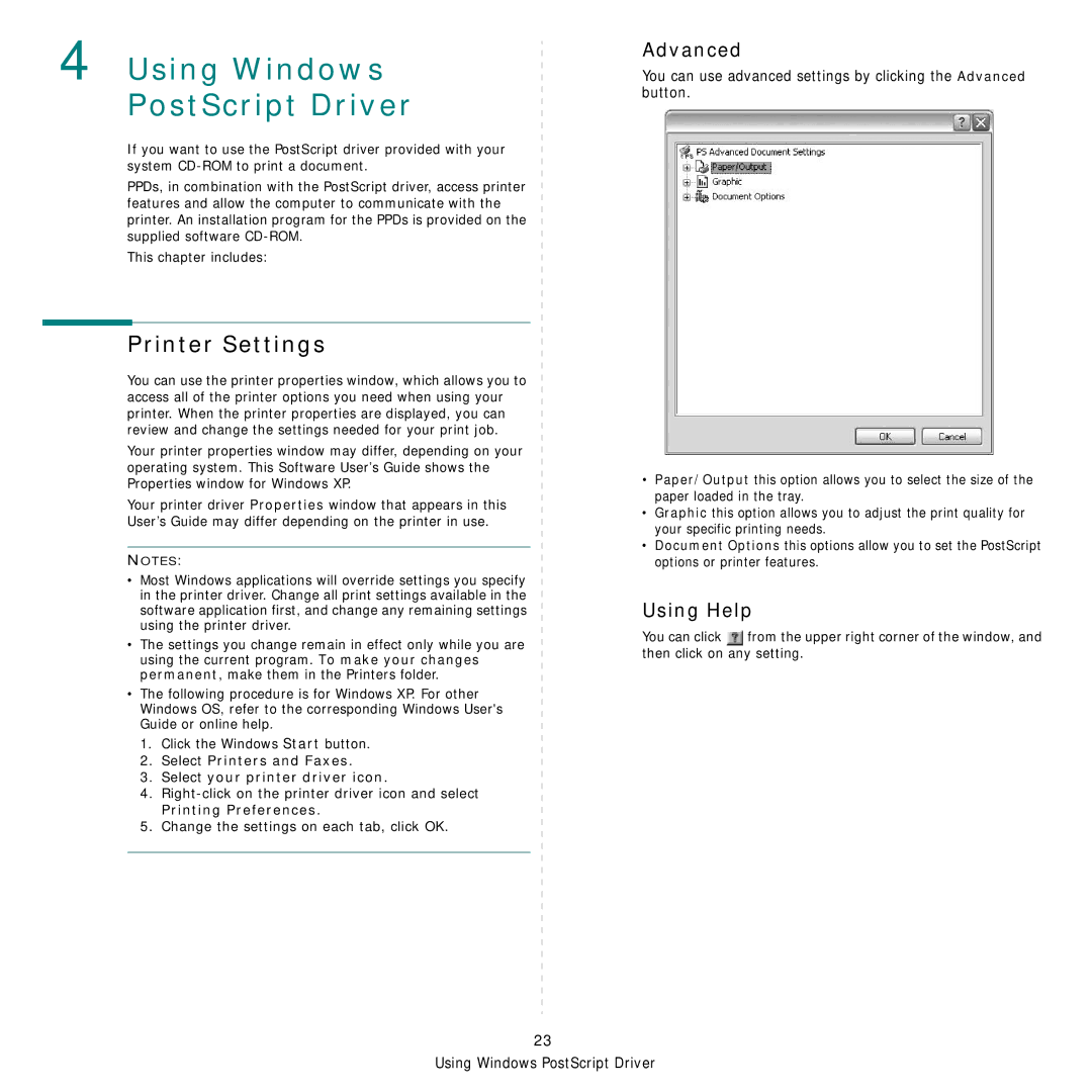 Samsung CLP-650 Series manual Using Windows PostScript Driver, Advanced 