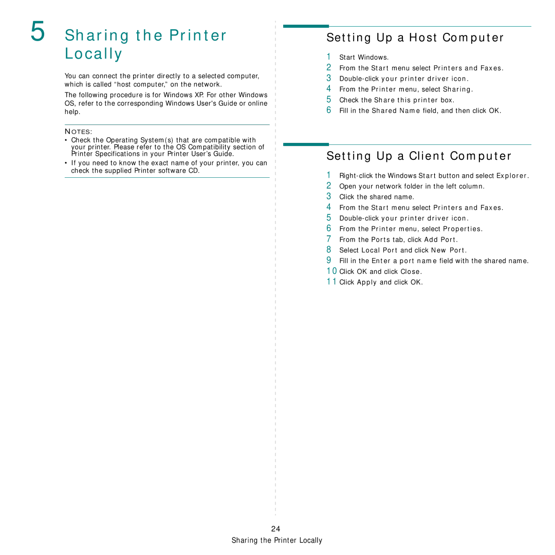 Samsung CLP-650 Series manual Sharing the Printer Locally, Setting Up a Host Computer, Setting Up a Client Computer 