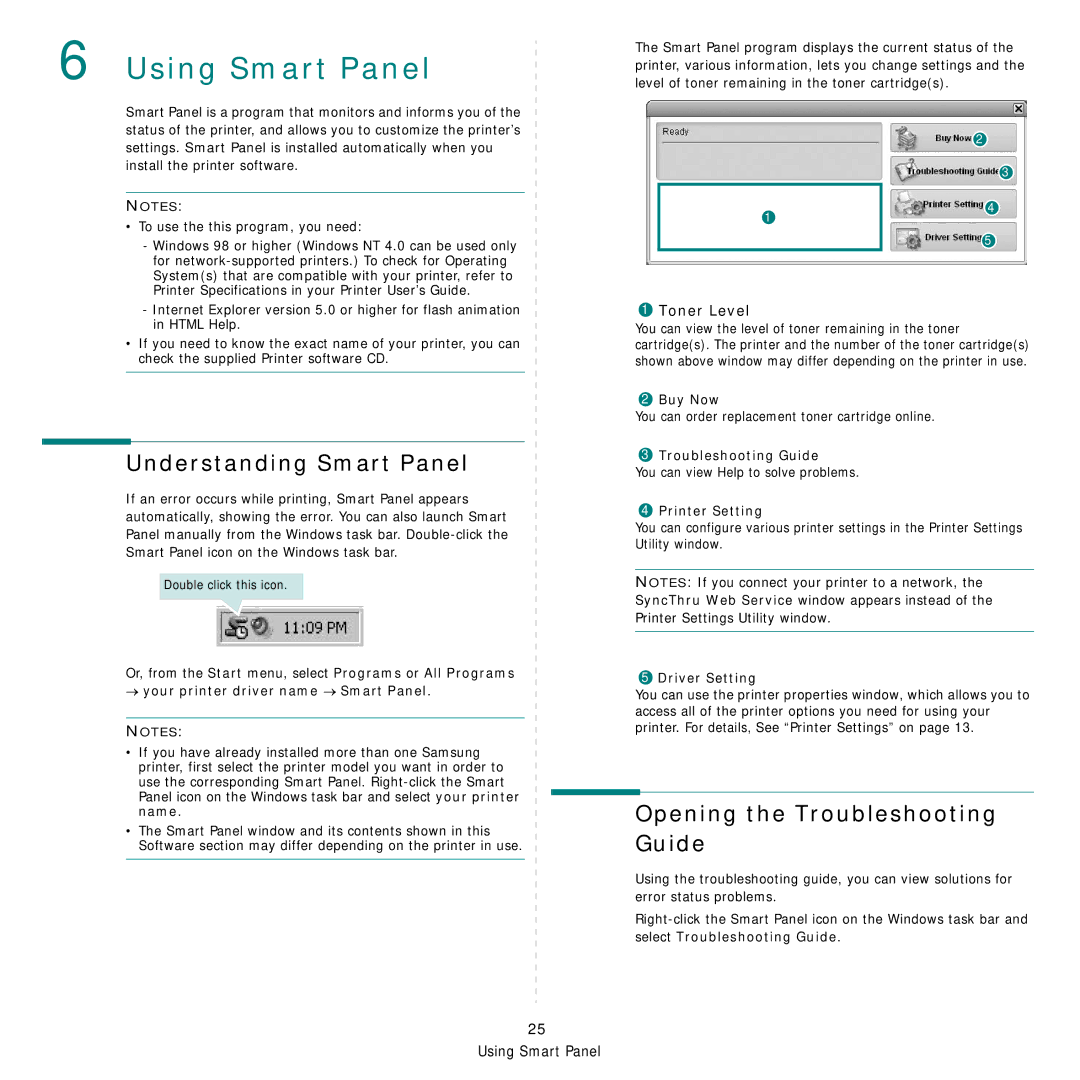 Samsung CLP-650 Series manual Using Smart Panel, Understanding Smart Panel, Opening the Troubleshooting Guide, Toner Level 