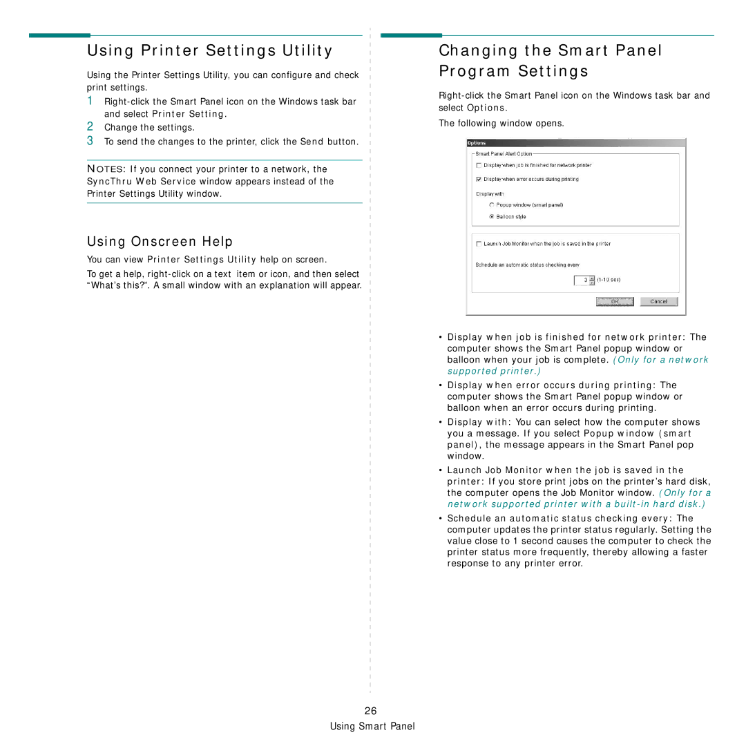 Samsung CLP-650 Series Using Printer Settings Utility, Changing the Smart Panel Program Settings, Using Onscreen Help 