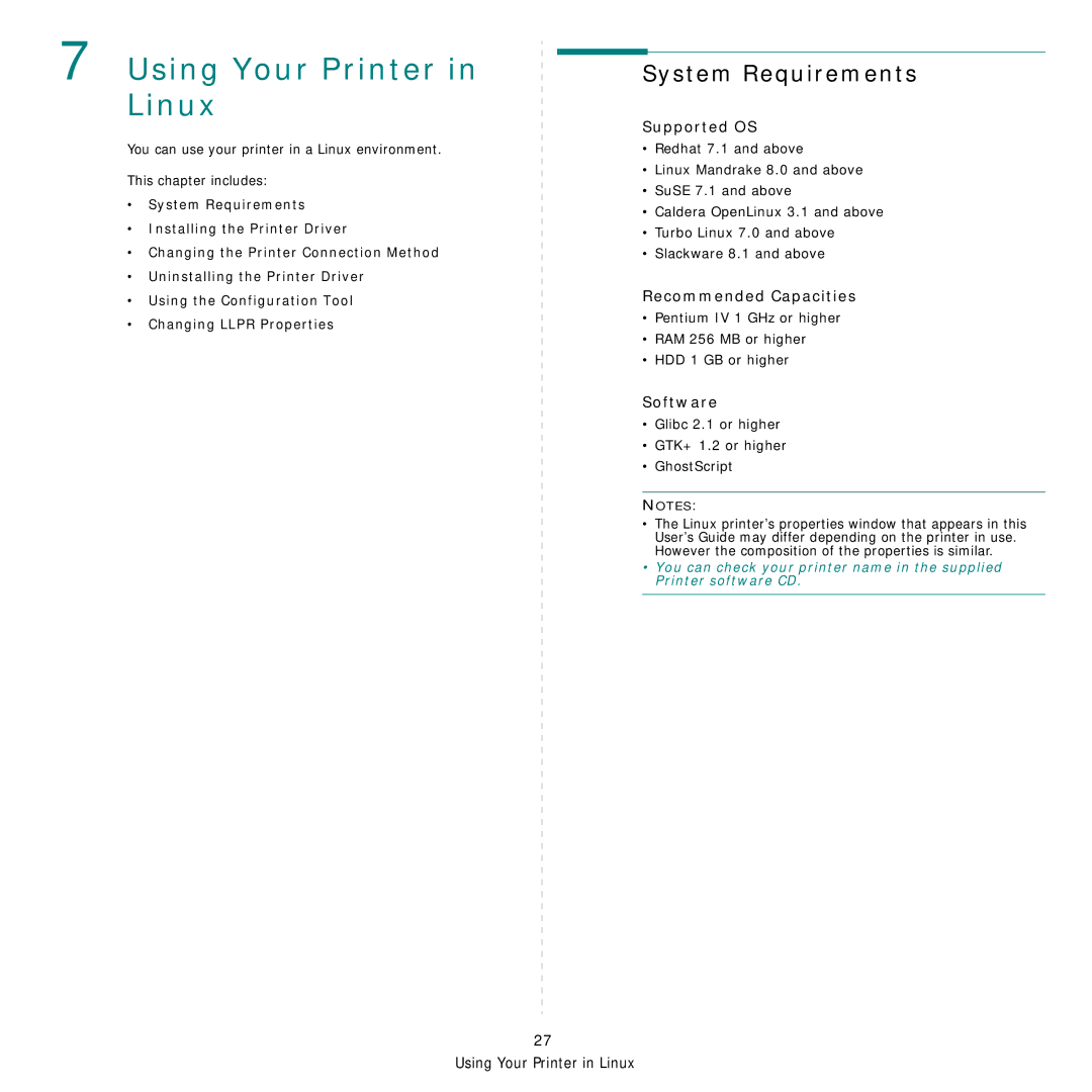 Samsung CLP-650 Series Using Your Printer in Linux, System Requirements, Supported OS, Recommended Capacities, Software 