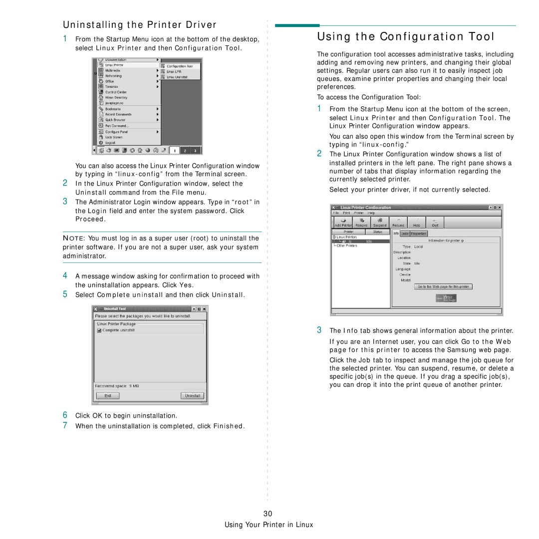 Samsung CLP-650 Series manual Using the Configuration Tool, Uninstalling the Printer Driver 