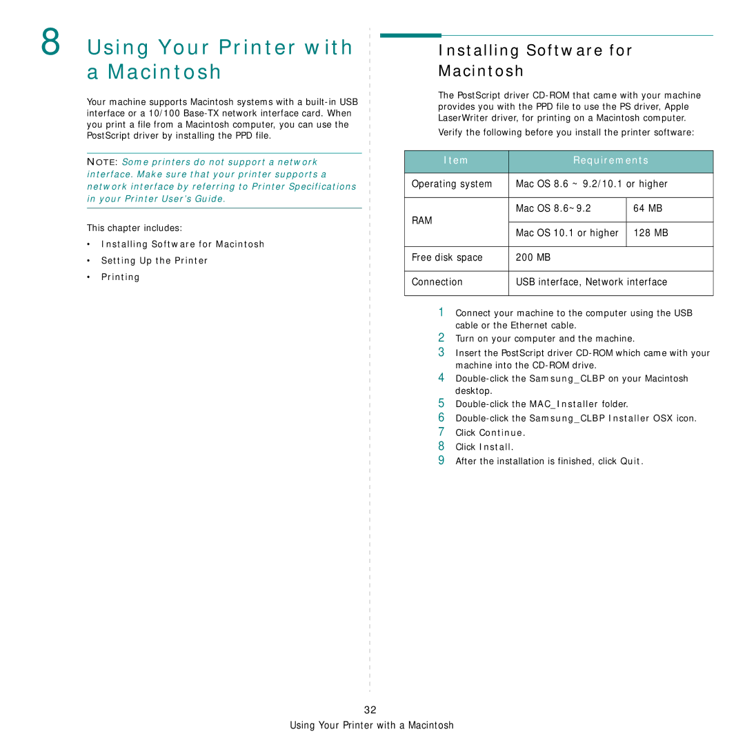 Samsung CLP-650 Series manual Using Your Printer with a Macintosh, Installing Software for Macintosh, Mac OS 10.1 or higher 