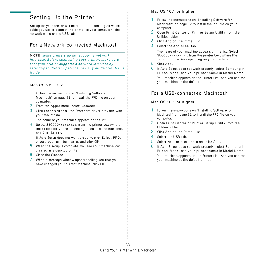 Samsung CLP-650 Series manual Setting Up the Printer, For a Network-connected Macintosh, For a USB-connected Macintosh 