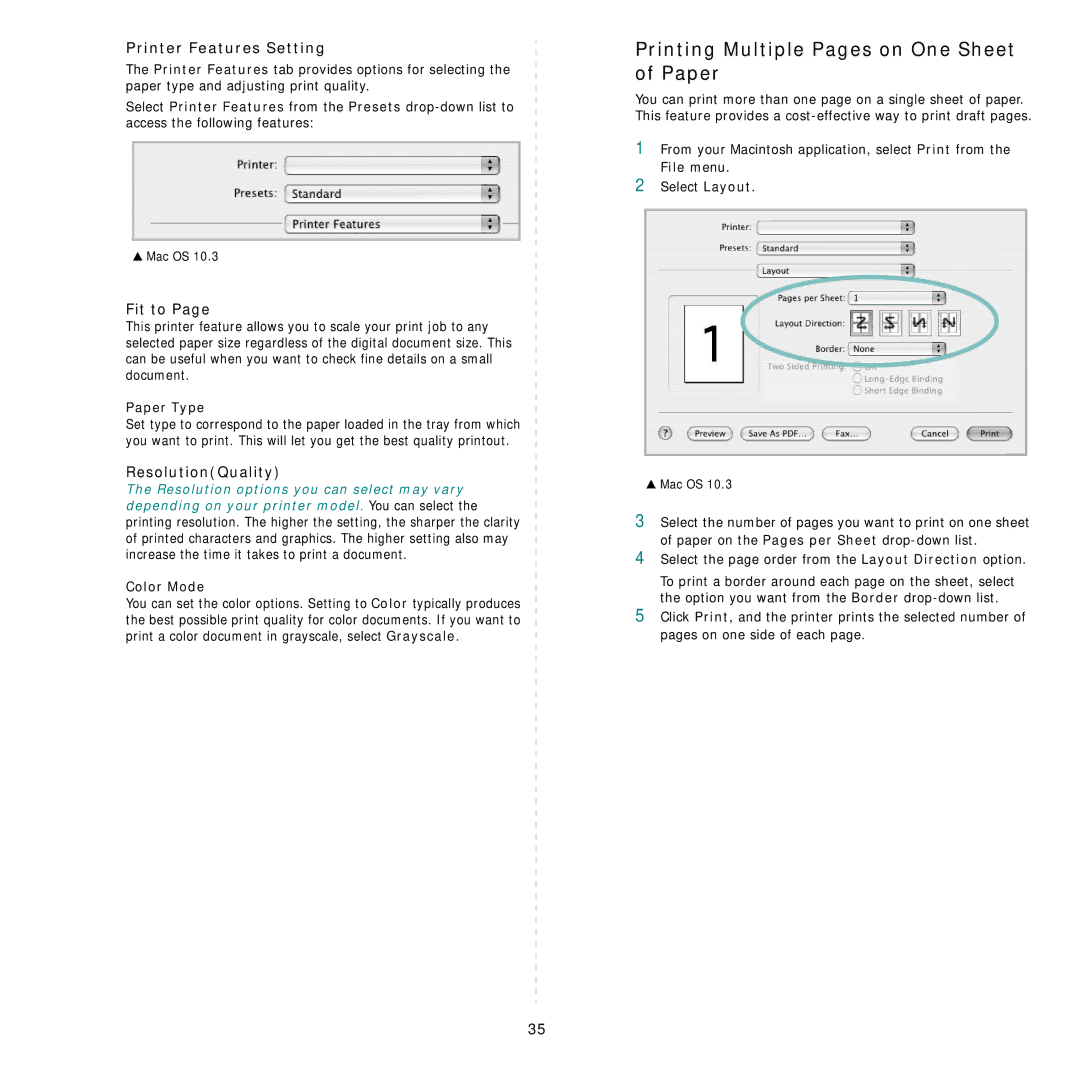 Samsung CLP-650 Series Printing Multiple Pages on One Sheet of Paper, Printer Features Setting, Fit to, ResolutionQuality 