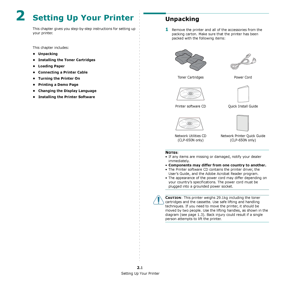 Samsung CLP-650 Series manual Setting Up Your Printer, Unpacking, Printer software CD 