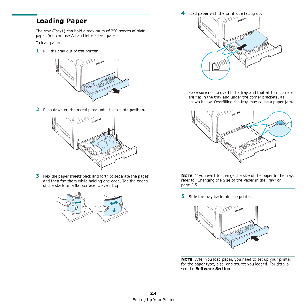 Samsung CLP-650 Series manual Loading Paper, Load paper with the print side facing up, Slide the tray back into the printer 