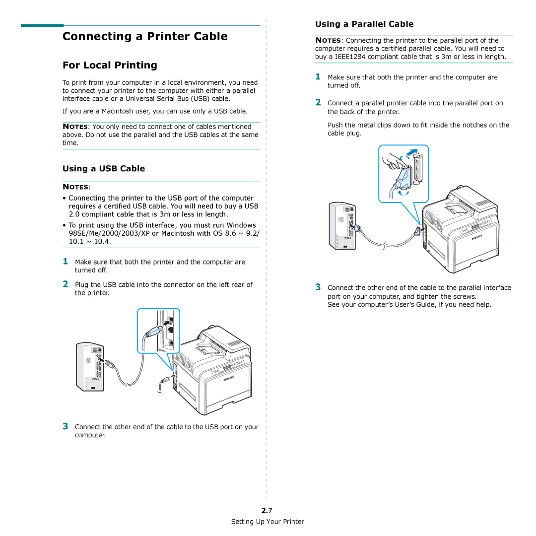 Samsung CLP-650 Series manual Connecting a Printer Cable, For Local Printing 