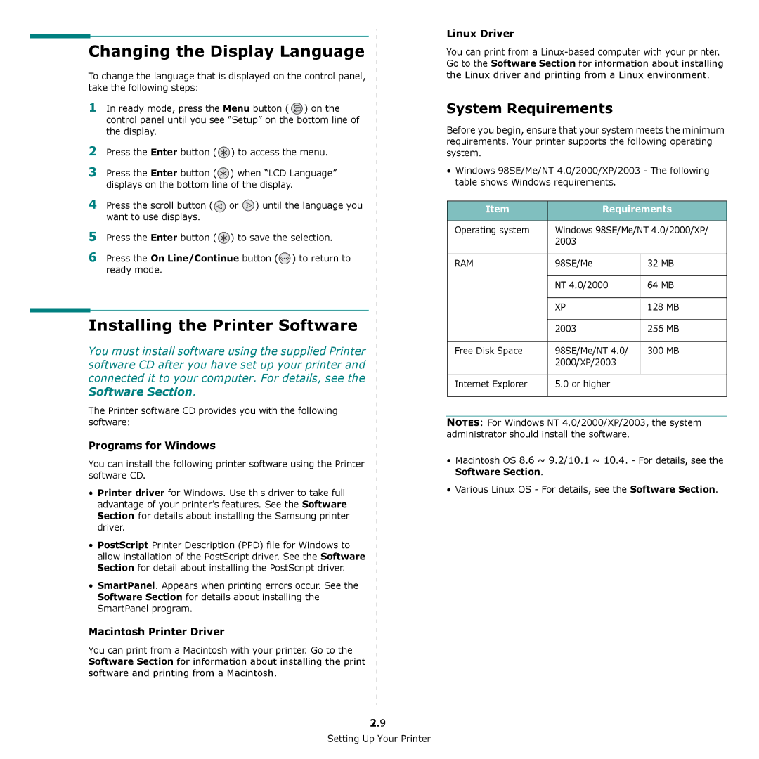 Samsung CLP-650 Series manual Changing the Display Language, Installing the Printer Software, System Requirements 