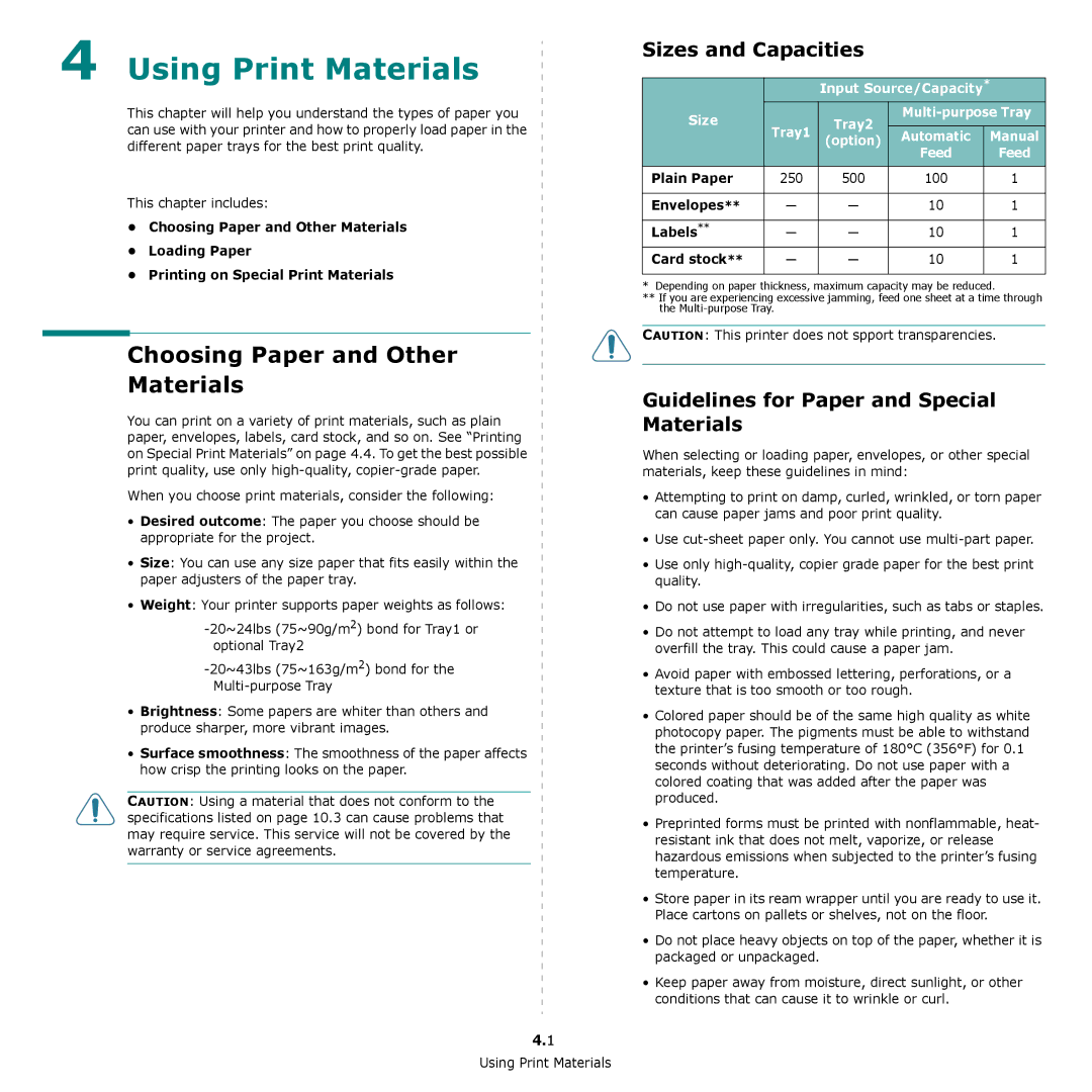 Samsung CLP-650 Series manual Using Print Materials, Choosing Paper and Other Materials, Sizes and Capacities 