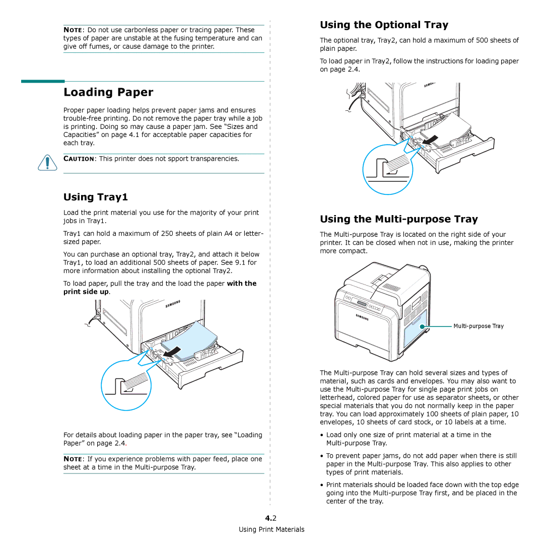 Samsung CLP-650 Series manual Using Tray1, Using the Optional Tray, Using the Multi-purpose Tray 