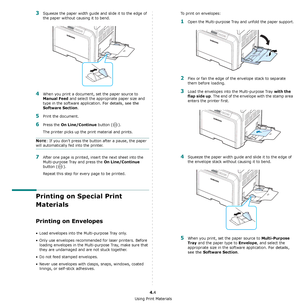 Samsung CLP-650 Series manual Printing on Special Print Materials, Printing on Envelopes 