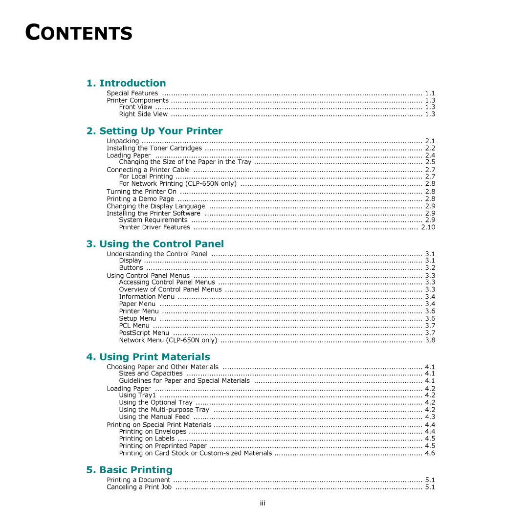 Samsung CLP-650 Series manual Contents 