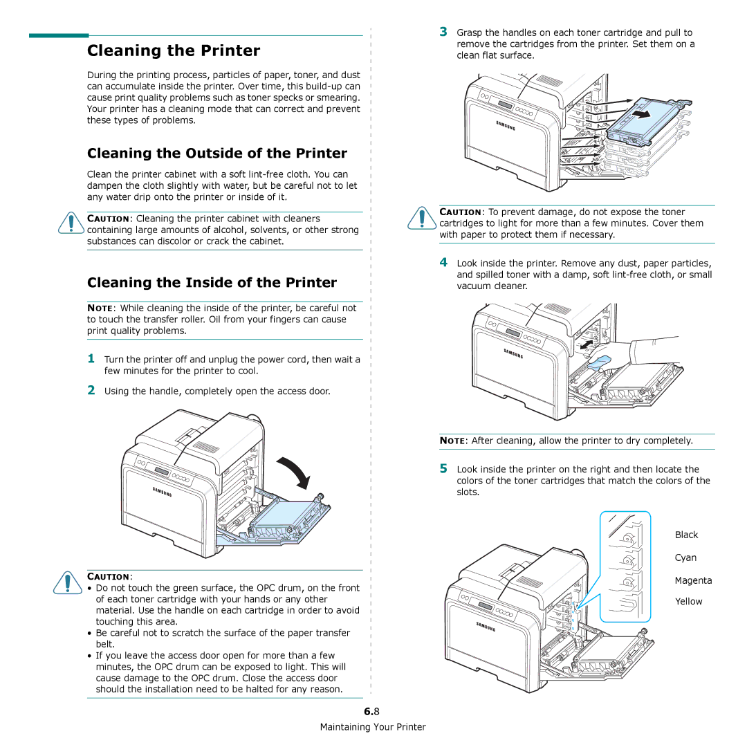 Samsung CLP-650 Series manual Cleaning the Printer, Cleaning the Outside of the Printer, Cleaning the Inside of the Printer 