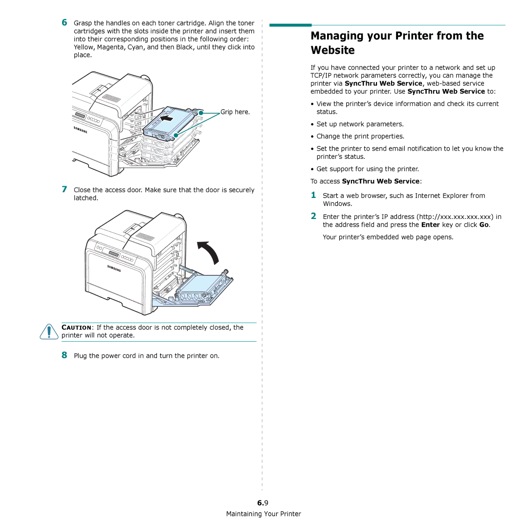 Samsung CLP-650 Series manual Managing your Printer from the Website, To access SyncThru Web Service 