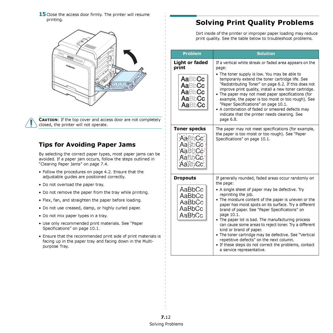 Samsung CLP-650 Series manual Solving Print Quality Problems, Tips for Avoiding Paper Jams, Problem Solution 