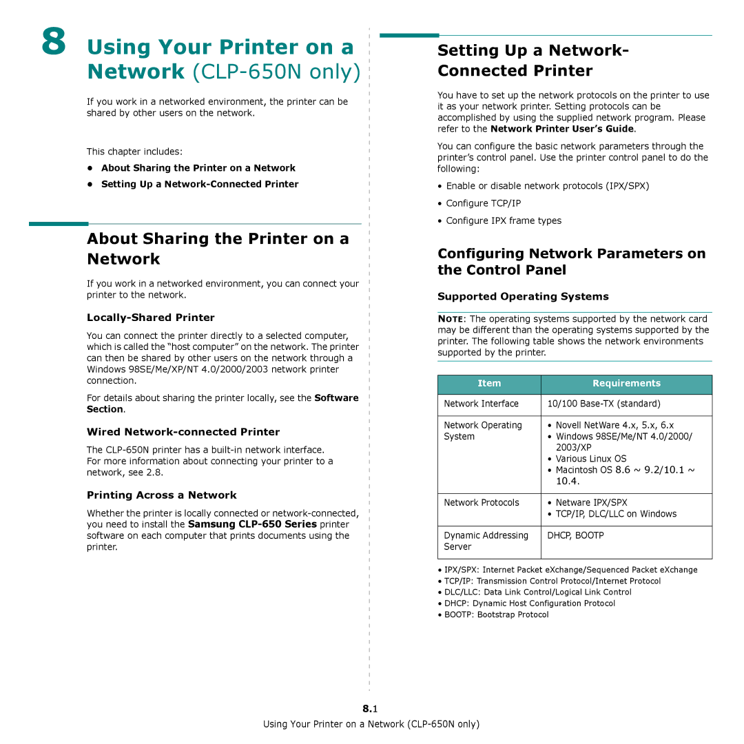 Samsung CLP-650 Series manual Using Your Printer on a Network CLP-650N only, About Sharing the Printer on a Network 