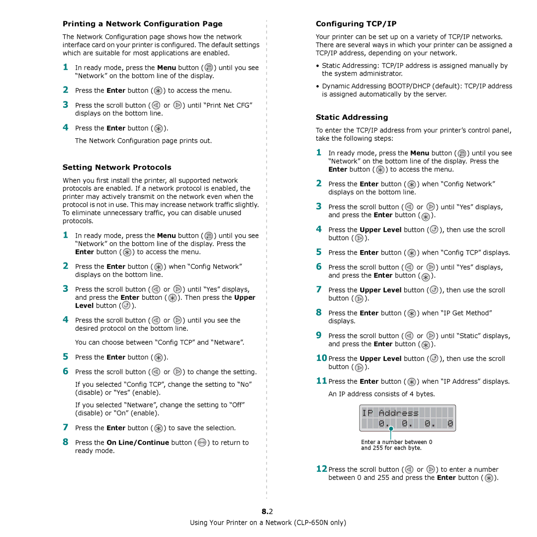 Samsung CLP-650 Series Printing a Network Configuration, Setting Network Protocols, Configuring TCP/IP, Static Addressing 