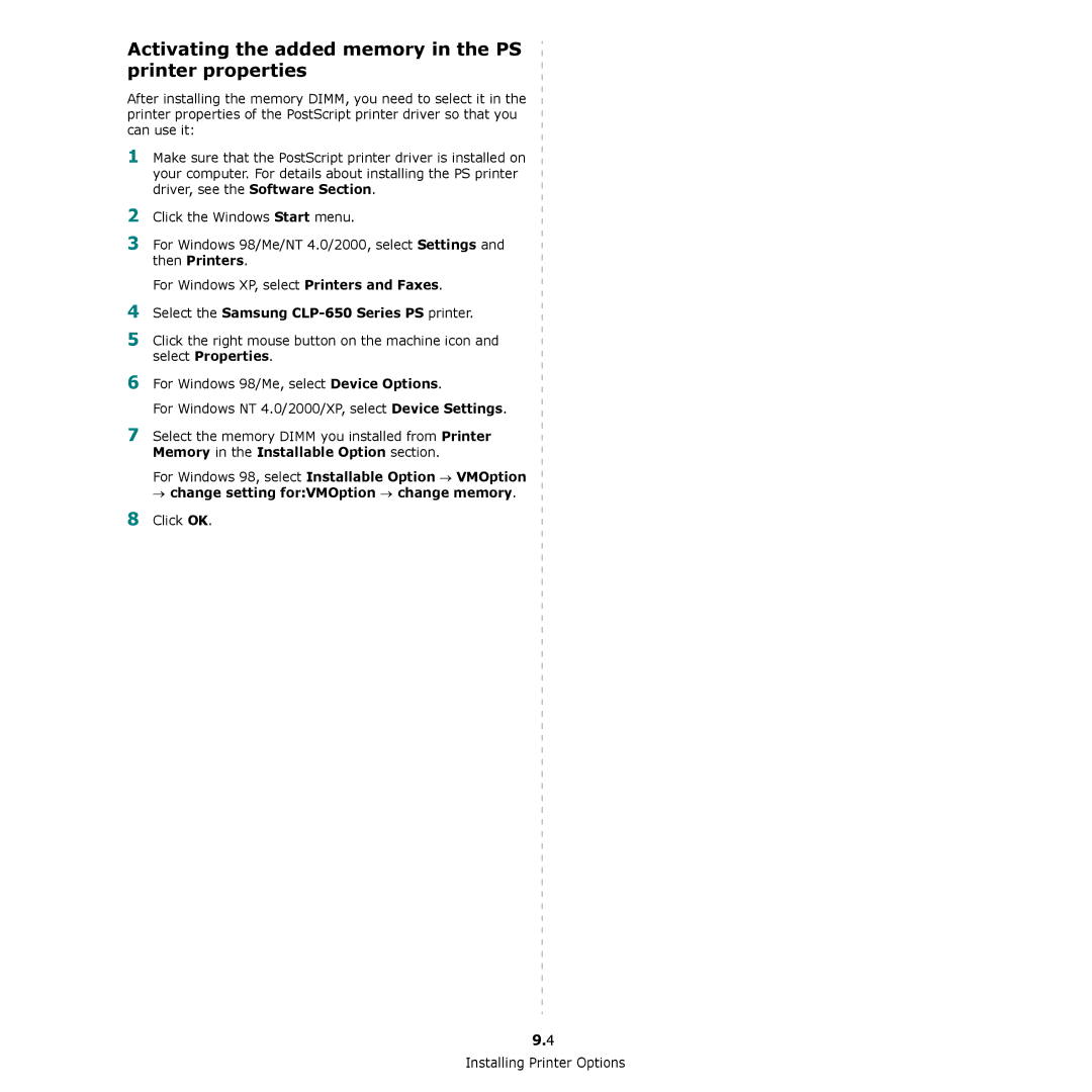 Samsung CLP-650 Series manual Activating the added memory in the PS printer properties 