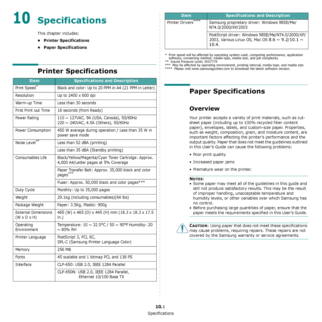 Samsung CLP-650 Series manual Printer Specifications, Paper Specifications, Overview, 10.1 