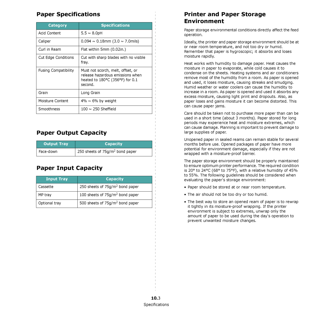 Samsung CLP-650 Series manual Paper Specifications, Paper Output Capacity, Paper Input Capacity, 10.3 