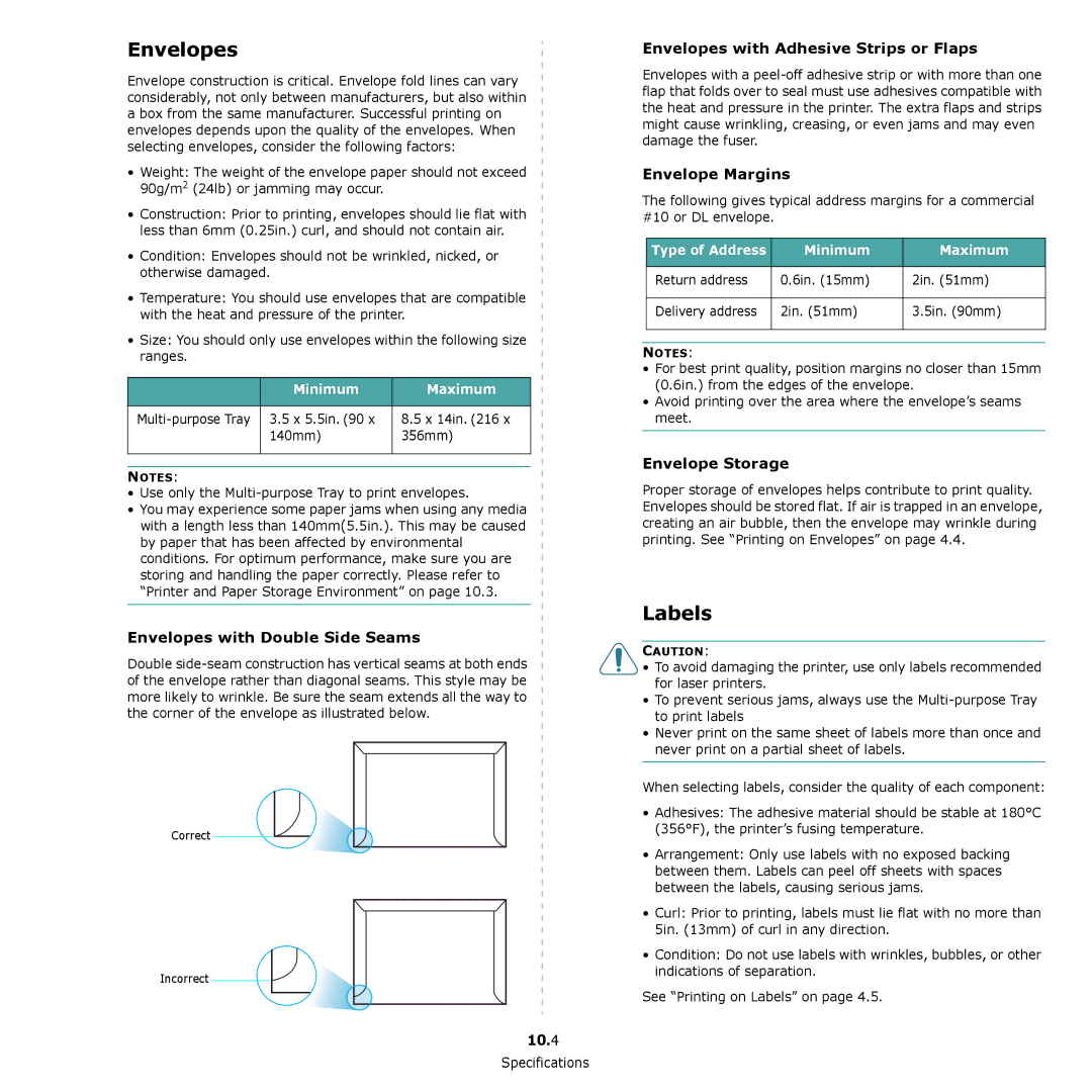 Samsung CLP-650 Series manual Envelopes, Labels 