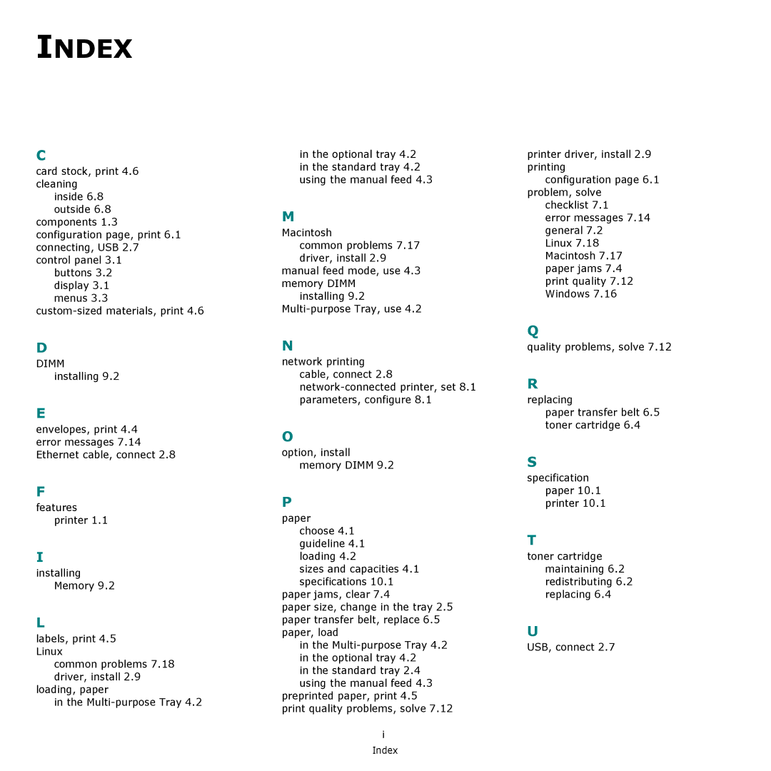 Samsung CLP-650 Series manual Index, Inside 6.8 outside 6.8 components 