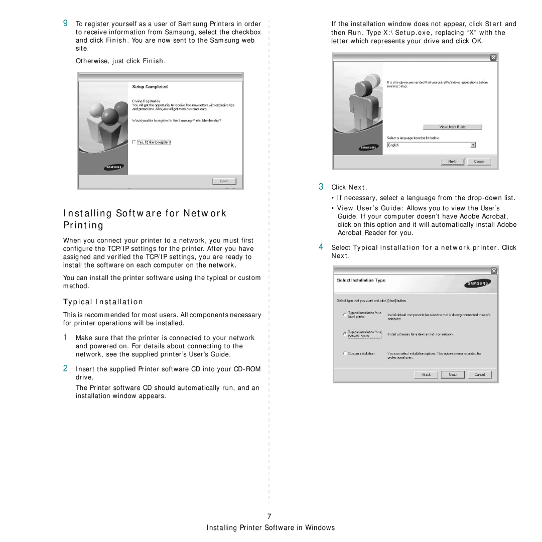 Samsung CLP-650 Series manual Installing Software for Network Printing, Typical Installation 