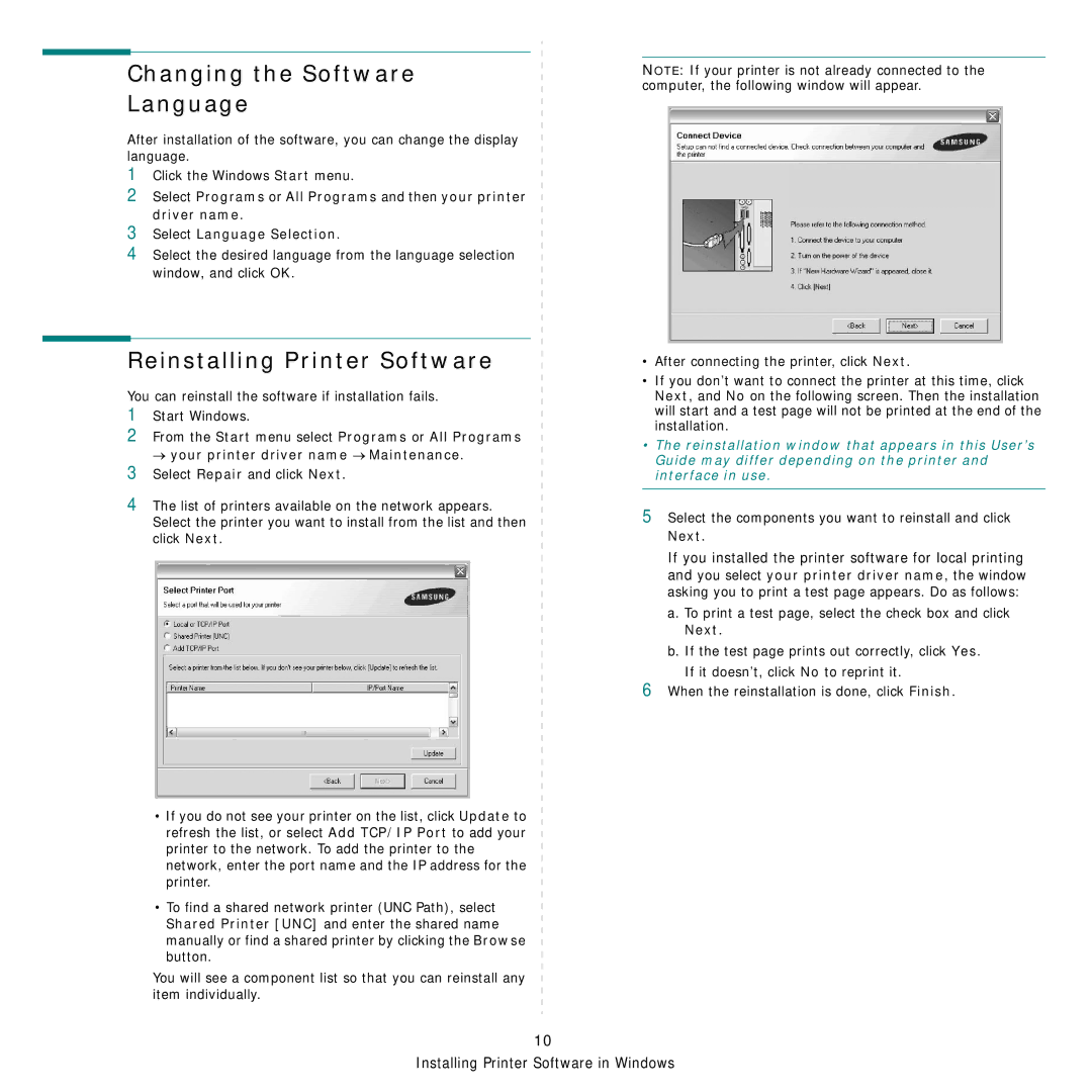 Samsung CLP-650 Series manual Changing the Software Language, Reinstalling Printer Software 