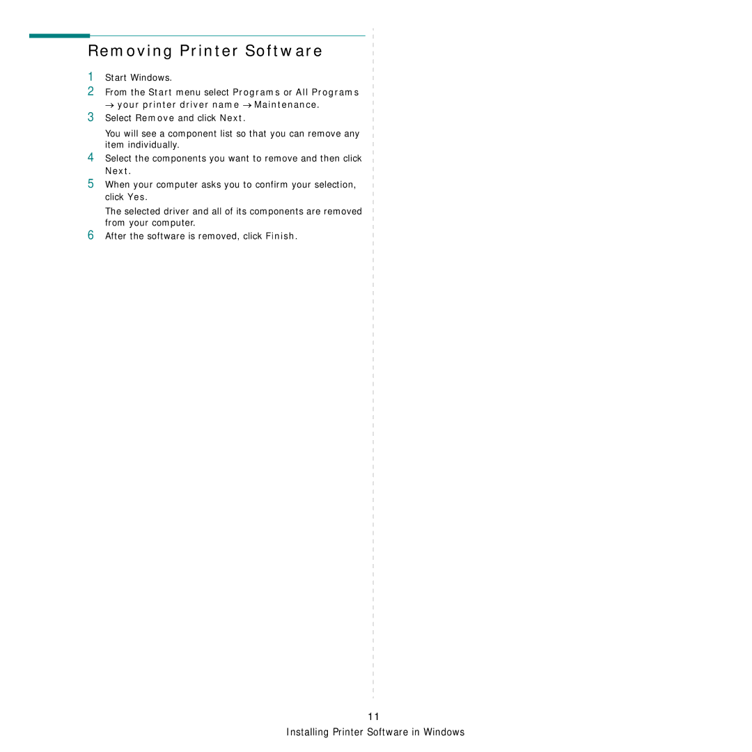 Samsung CLP-650 Series manual Removing Printer Software, Next 