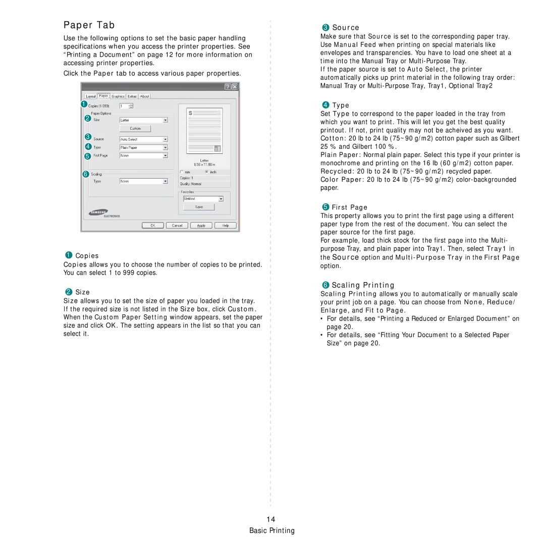 Samsung CLP-650 Series manual Paper Tab, Source, Scaling Printing 