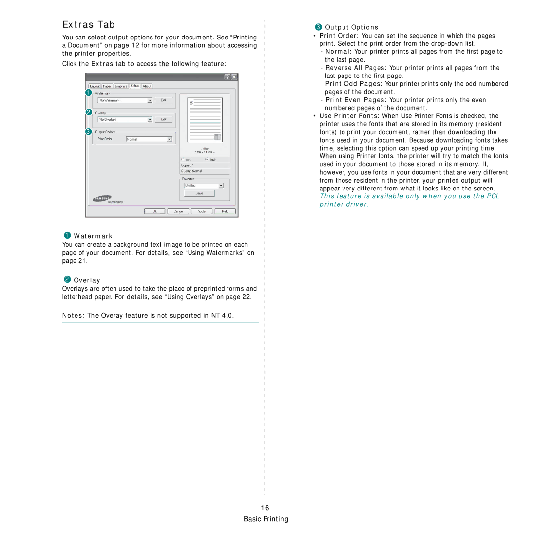Samsung CLP-650 Series manual Extras Tab, Watermark, Overlay, Output Options 