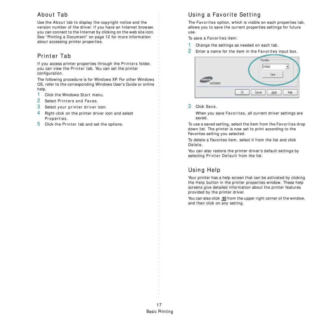 Samsung CLP-650 Series manual About Tab, Printer Tab, Using a Favorite Setting, Using Help 