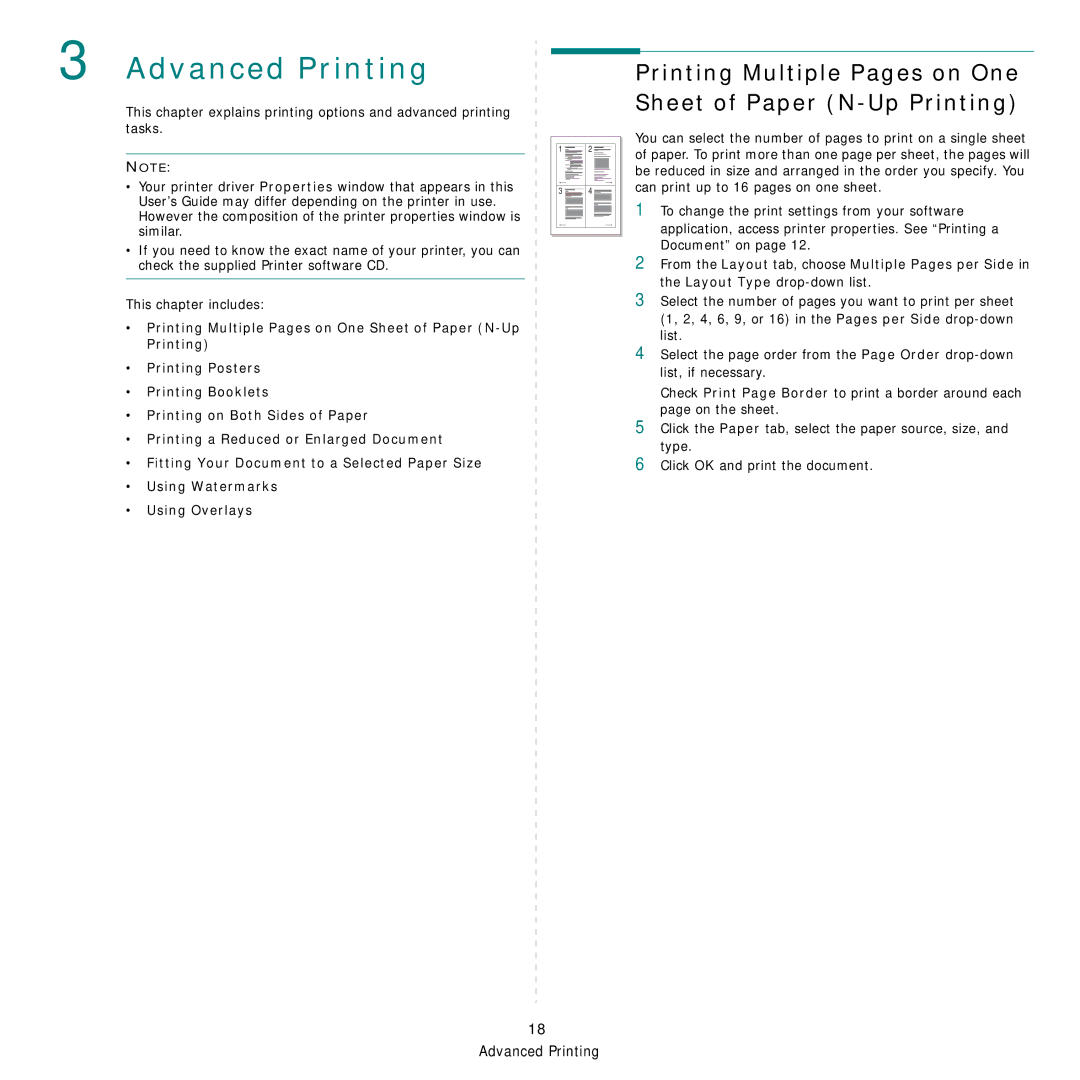 Samsung CLP-650 Series manual Advanced Printing, Printing Multiple Pages on One Sheet of Paper N-Up Printing 