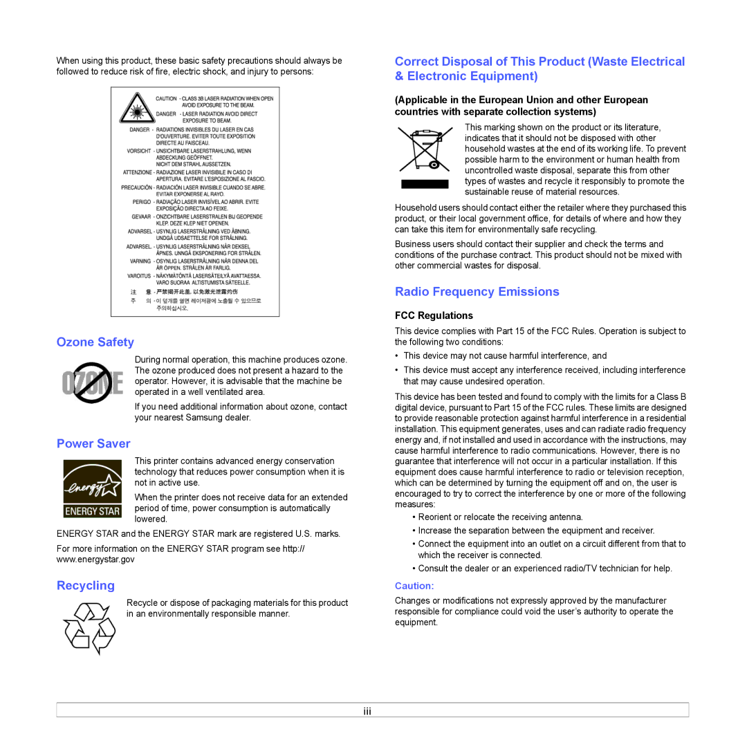 Samsung CLP-660, CLP-610 manual Ozone Safety, Power Saver, Recycling, Radio Frequency Emissions, FCC Regulations 