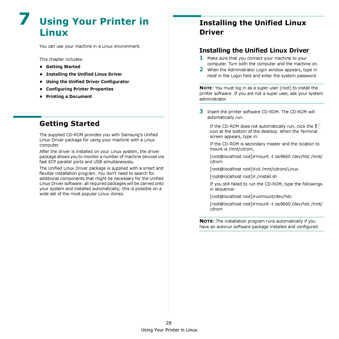 Samsung CLP-660, CLP-610 manual Getting Started, Installing the Unified Linux Driver 