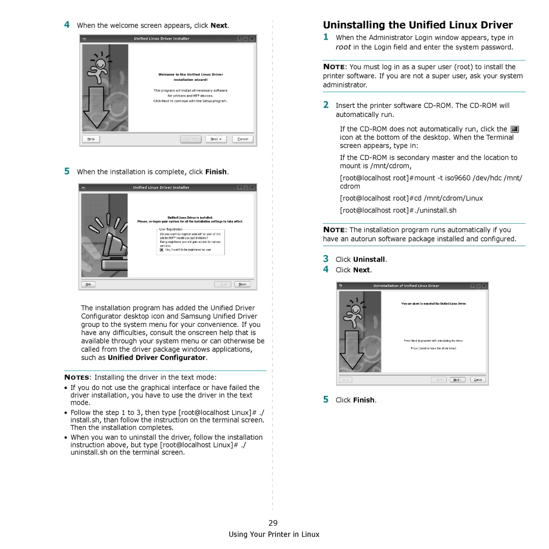 Samsung CLP-610, CLP-660 manual Uninstalling the Unified Linux Driver, Such as Unified Driver Configurator, Click Uninstall 