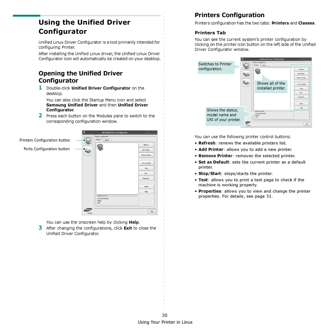 Samsung CLP-660 Using the Unified Driver Configurator, Printers Configuration, Opening the Unified Driver Configurator 