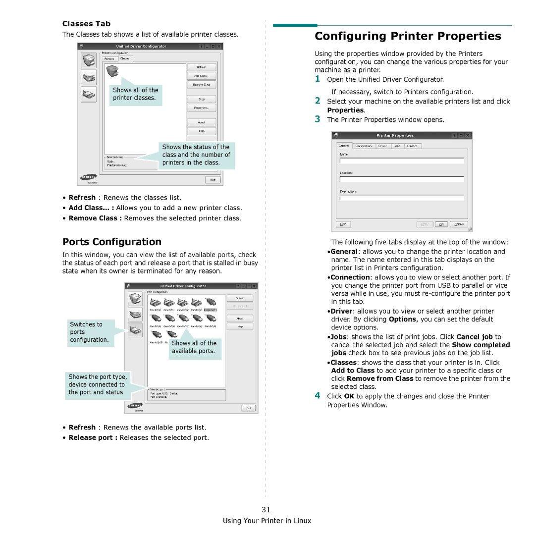 Samsung CLP-610, CLP-660 manual Configuring Printer Properties, Ports Configuration, Classes Tab 