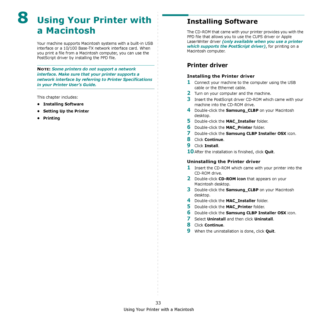 Samsung CLP-610, CLP-660 manual Installing Software, Installing the Printer driver, Uninstalling the Printer driver 