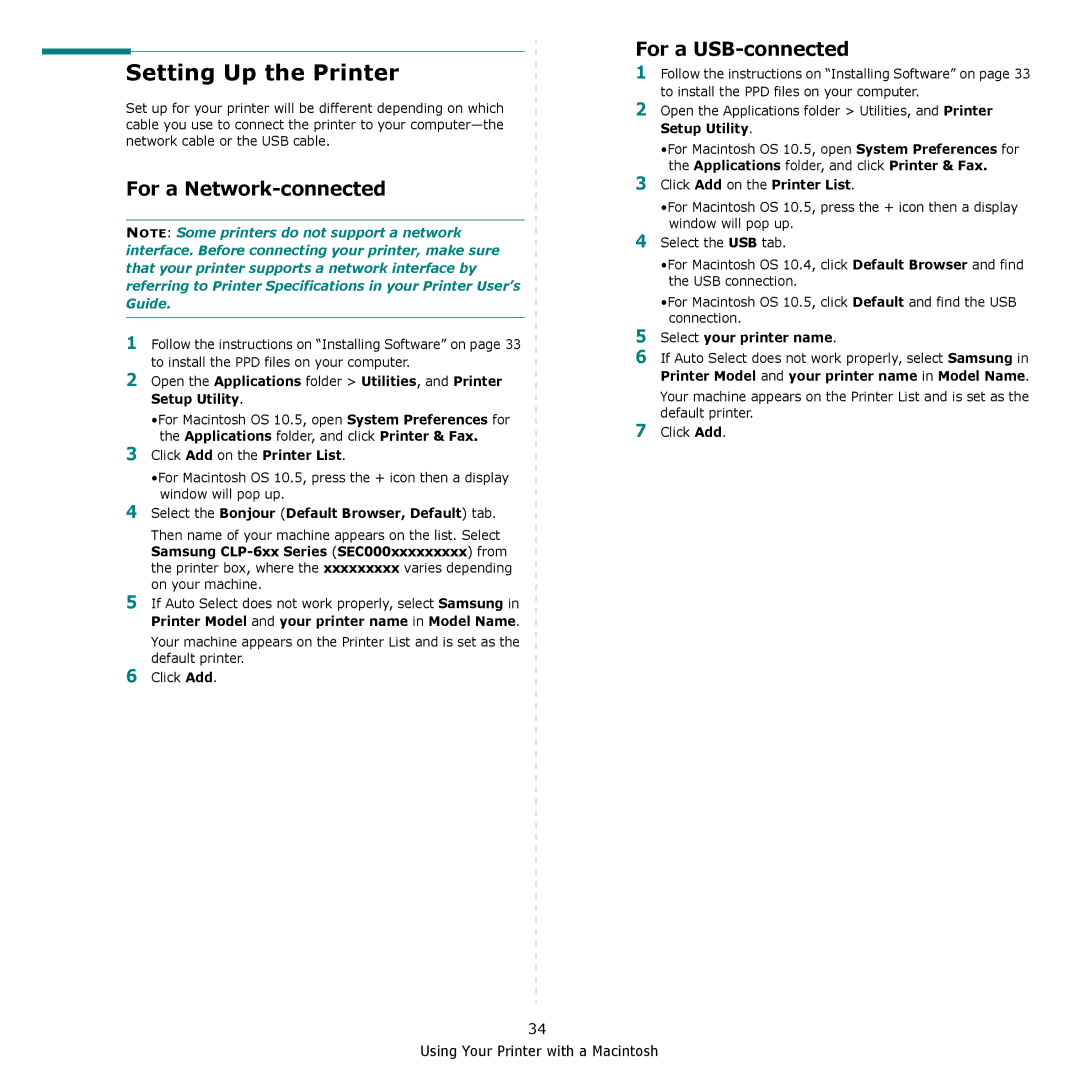 Samsung CLP-660, CLP-610 manual Setting Up the Printer, For a Network-connected, For a USB-connected 