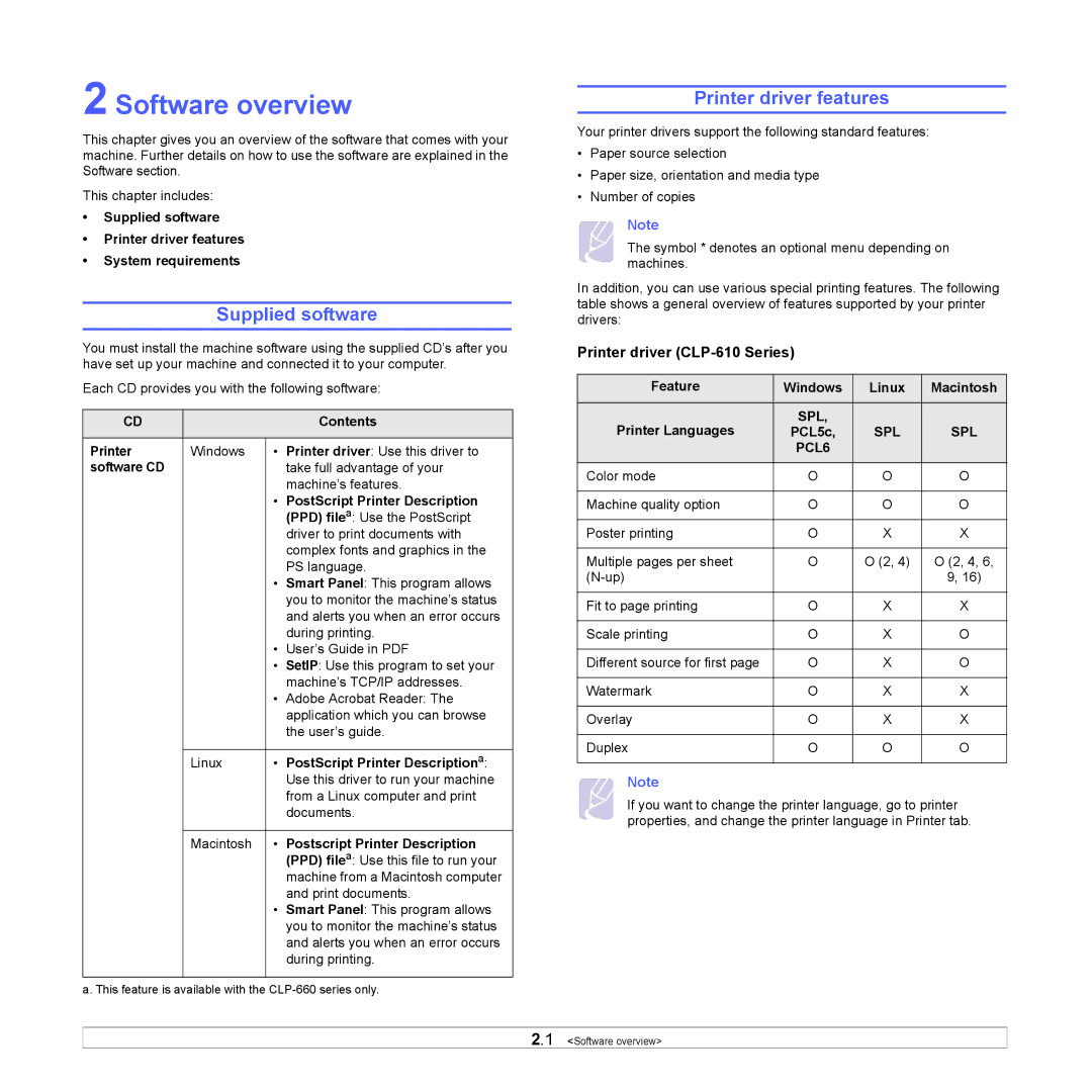 Samsung CLP-660 manual Software overview, Supplied software, Printer driver features, Printer driver CLP-610 Series 