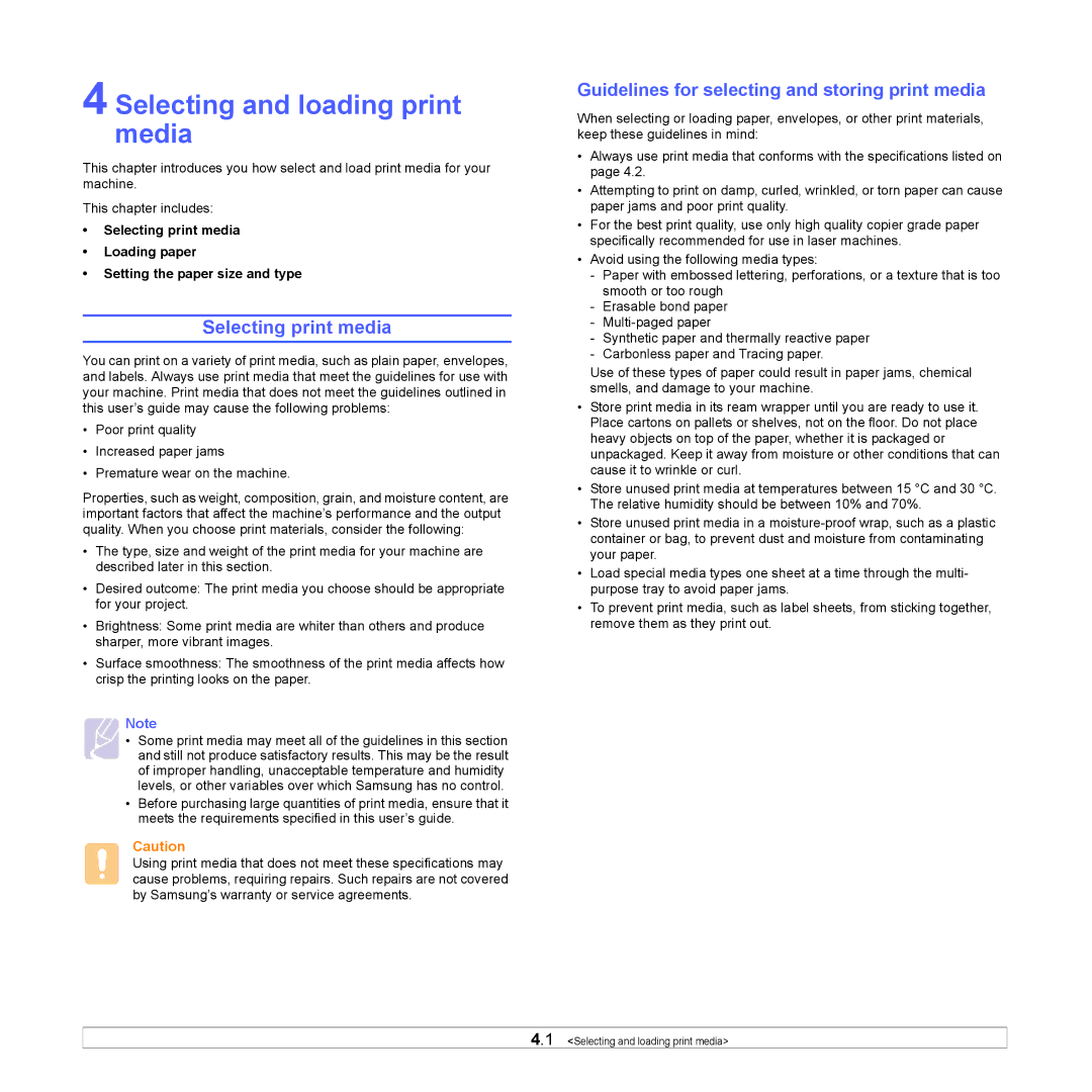 Samsung CLP-660 Selecting and loading print media, Selecting print media, Guidelines for selecting and storing print media 