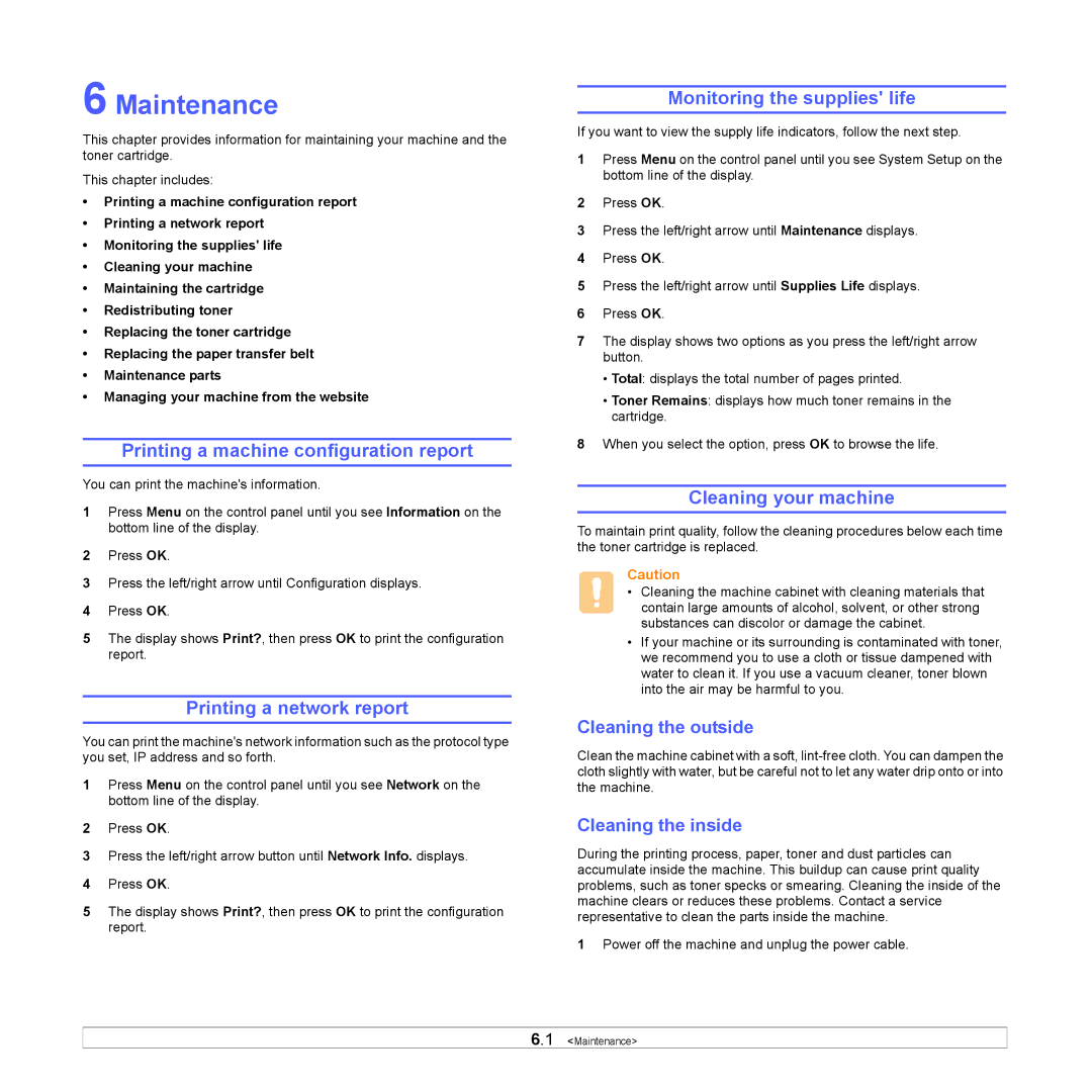 Samsung CLP-660 Maintenance, Printing a machine configuration report, Printing a network report, Cleaning your machine 