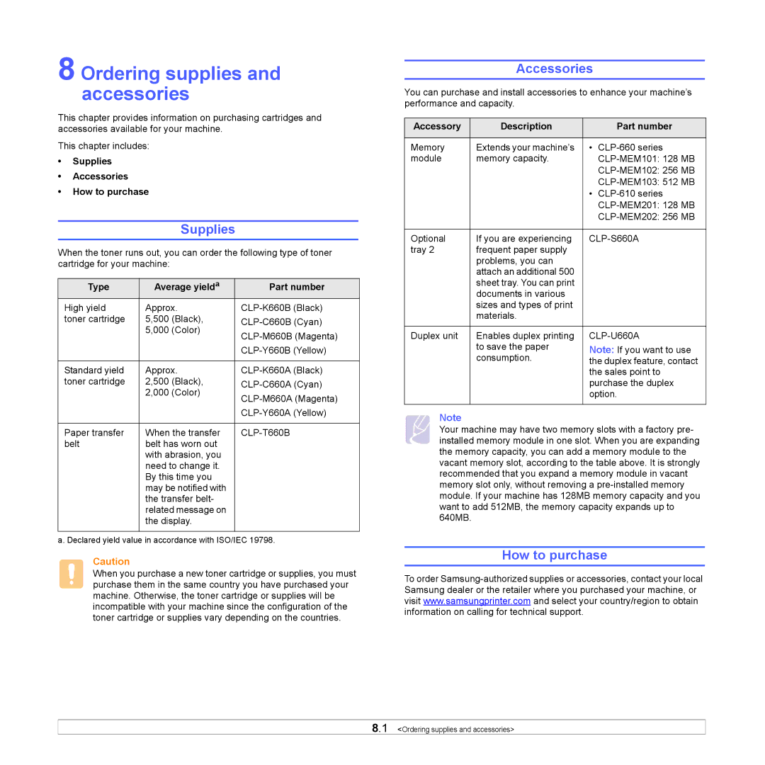 Samsung CLP-610, CLP-660 manual Ordering supplies and accessories, Supplies, Accessories, How to purchase 