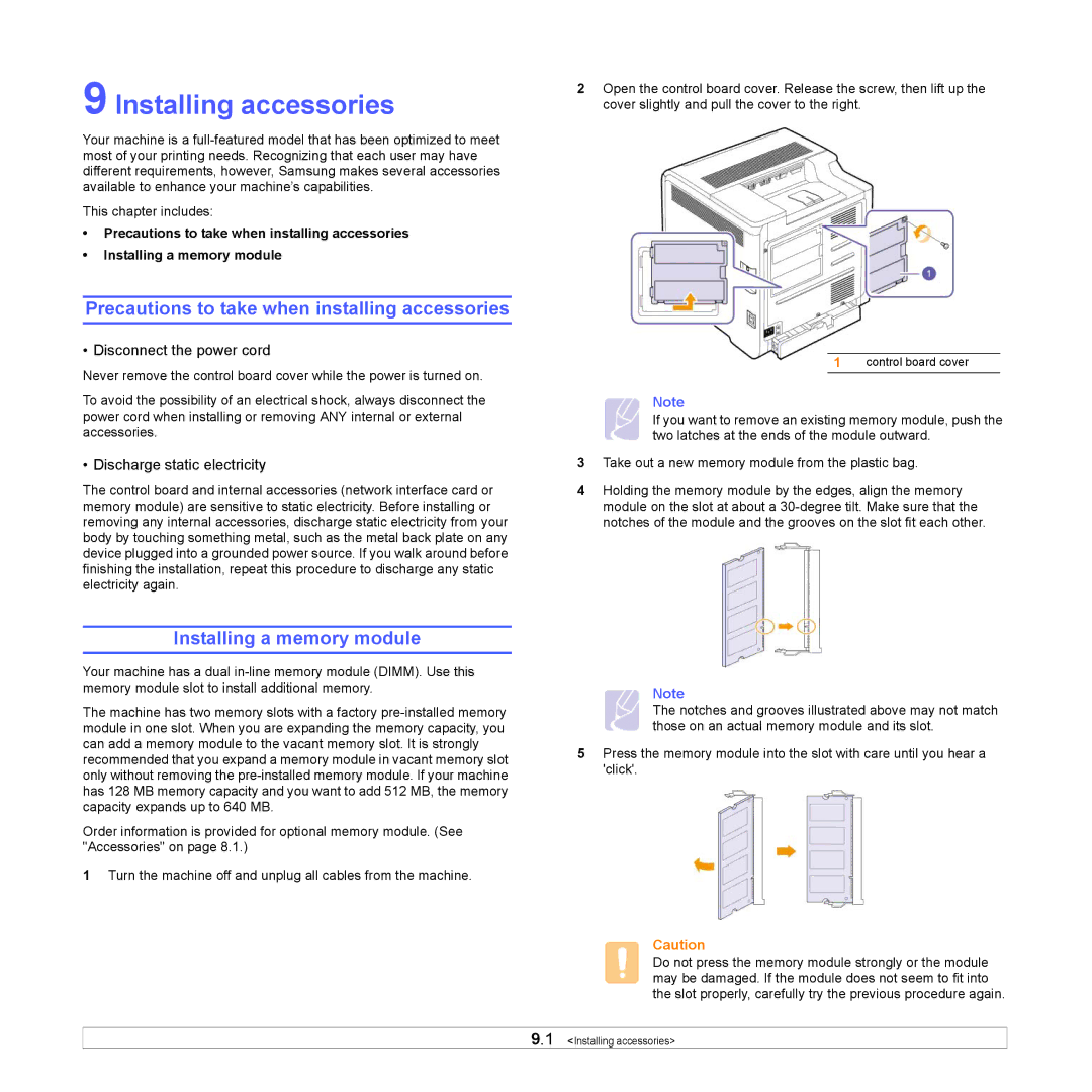 Samsung CLP-660 manual Installing accessories, Precautions to take when installing accessories, Installing a memory module 