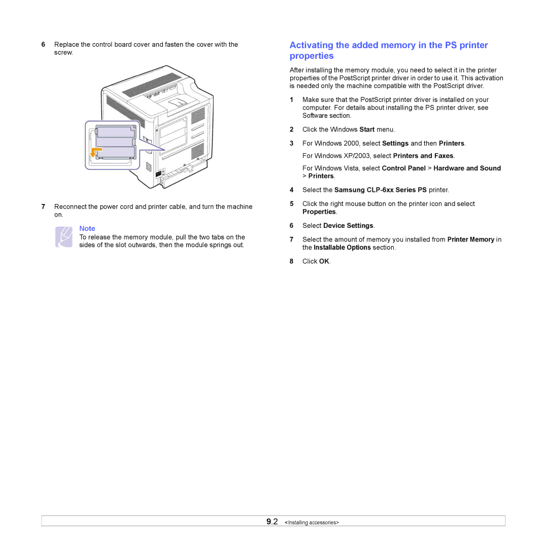 Samsung CLP-610, CLP-660 manual Activating the added memory in the PS printer properties, Select Device Settings 