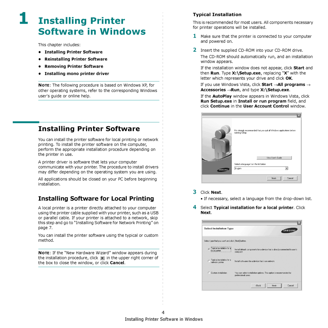 Samsung CLP-660, CLP-610 manual Installing Printer Software, Installing Software for Local Printing, Typical Installation 